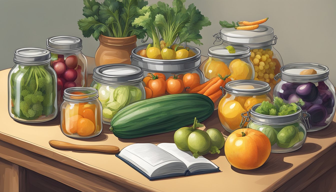 A table with various fruits and vegetables, a pot, and jars with lids. A book on home canning open to a page with instructions