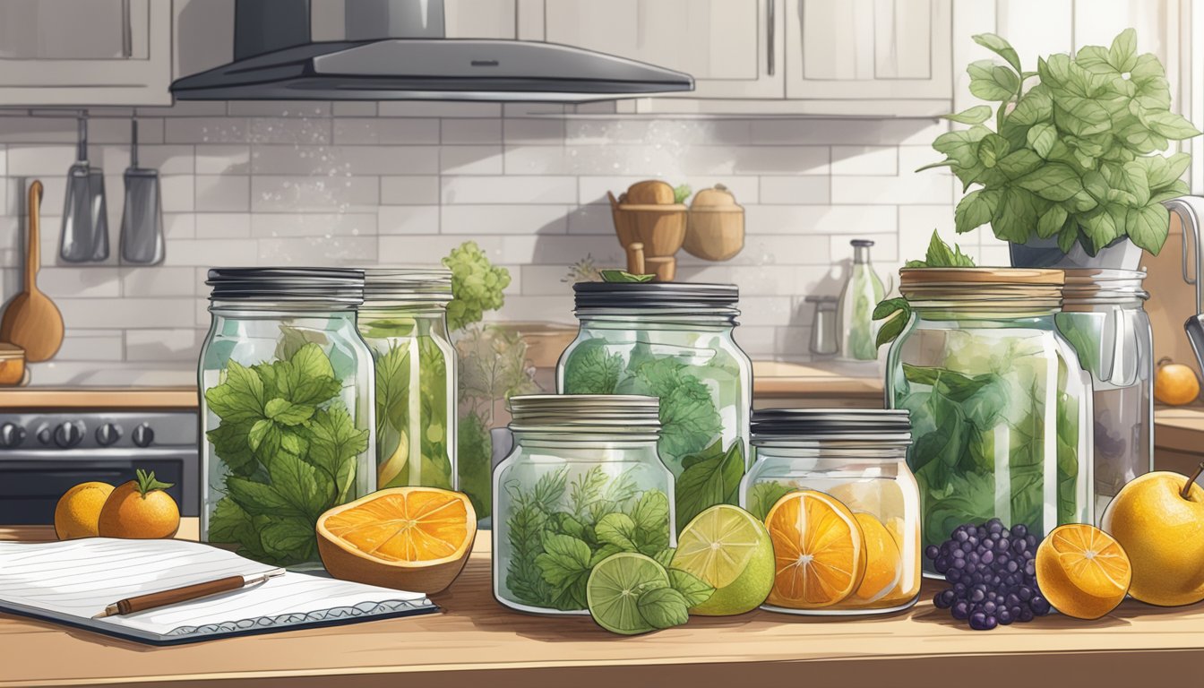 Fruits and herbs in glass jars, emitting bubbles and aroma, sit on a kitchen countertop. A notebook with flavor profiles and brewing instructions lies open next to the jars