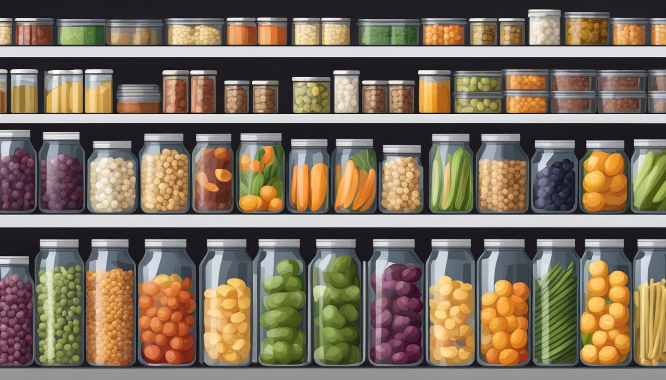 A pantry filled with rows of neatly organized canned goods, jars of preserved fruits and vegetables, and stacks of sealed containers for long-term food storage