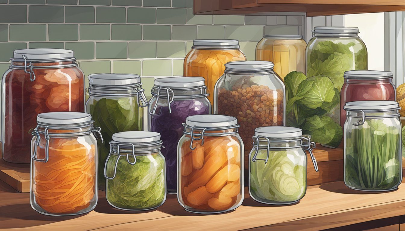 Various vessels of fermenting foods from different cultures, such as kimchi, sauerkraut, and kombucha, sit on a kitchen counter. Bubbling jars and crocks emit a tangy aroma