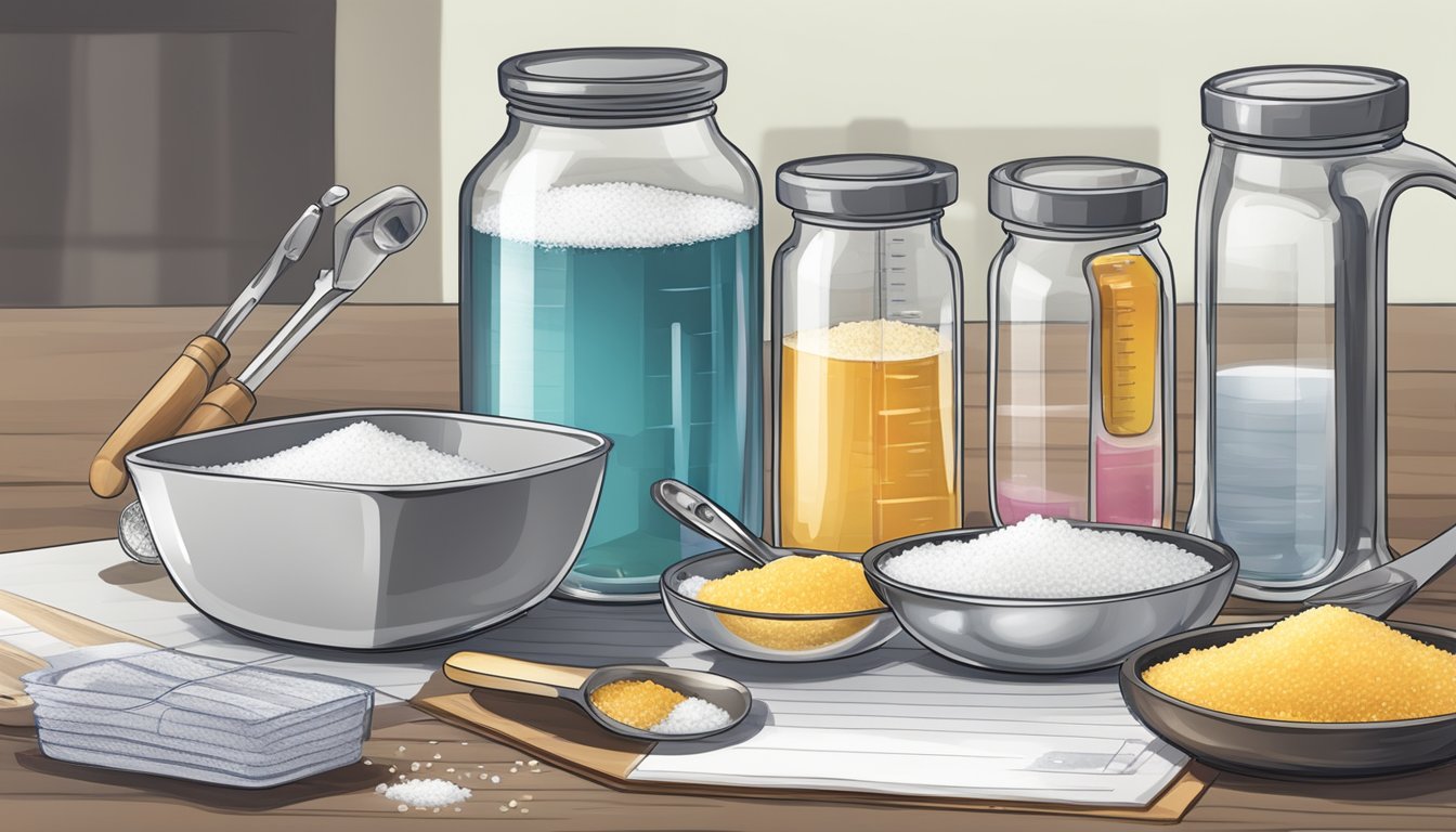 A table with various containers of salt, measuring spoons, and brine solutions. A scale and notebook are nearby for recording measurements