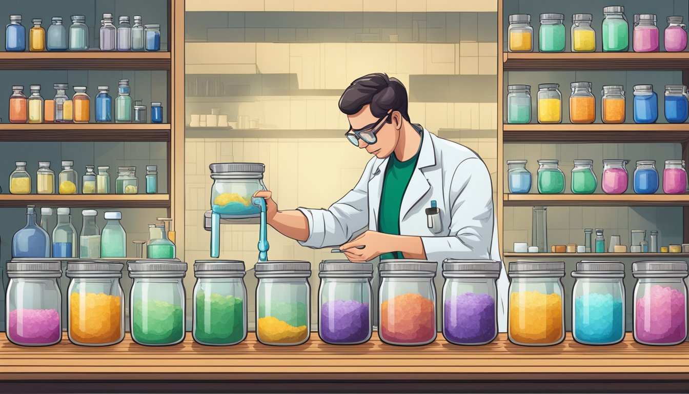 A table filled with various jars of brine solutions, each labeled with different salt ratios and ingredients. A scientist carefully measures and mixes the solutions in a laboratory setting