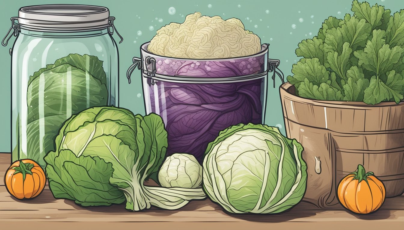 A head of cabbage surrounded by various vegetables and a jar of homemade sauerkraut, with bubbles rising to the surface, showcasing the process of lacto-fermentation