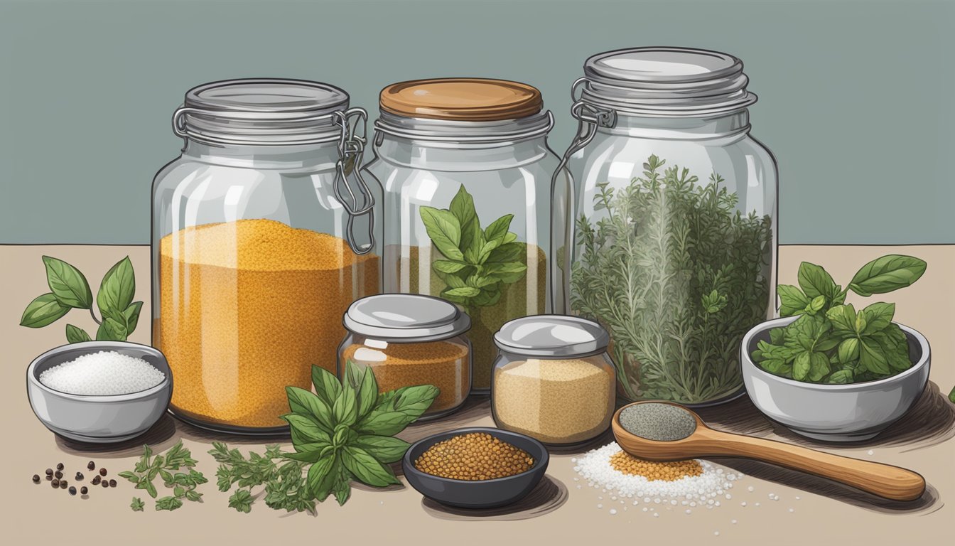 A large glass jar filled with various herbs and spices, surrounded by bowls of salt and water. A measuring spoon hovers over the mix