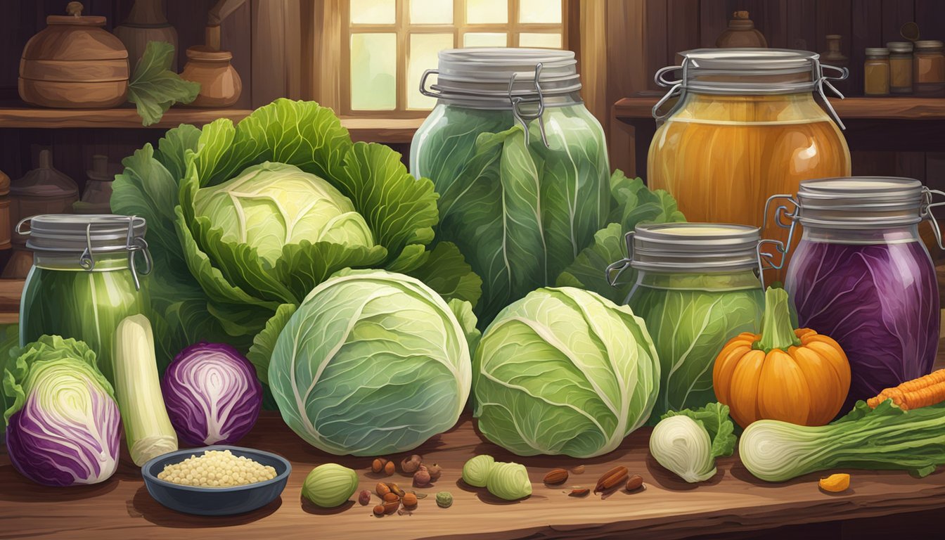 A variety of cabbage heads, jars, and fermentation tools arranged on a rustic wooden table. A colorful array of vegetables and spices surround the focal point of the scene