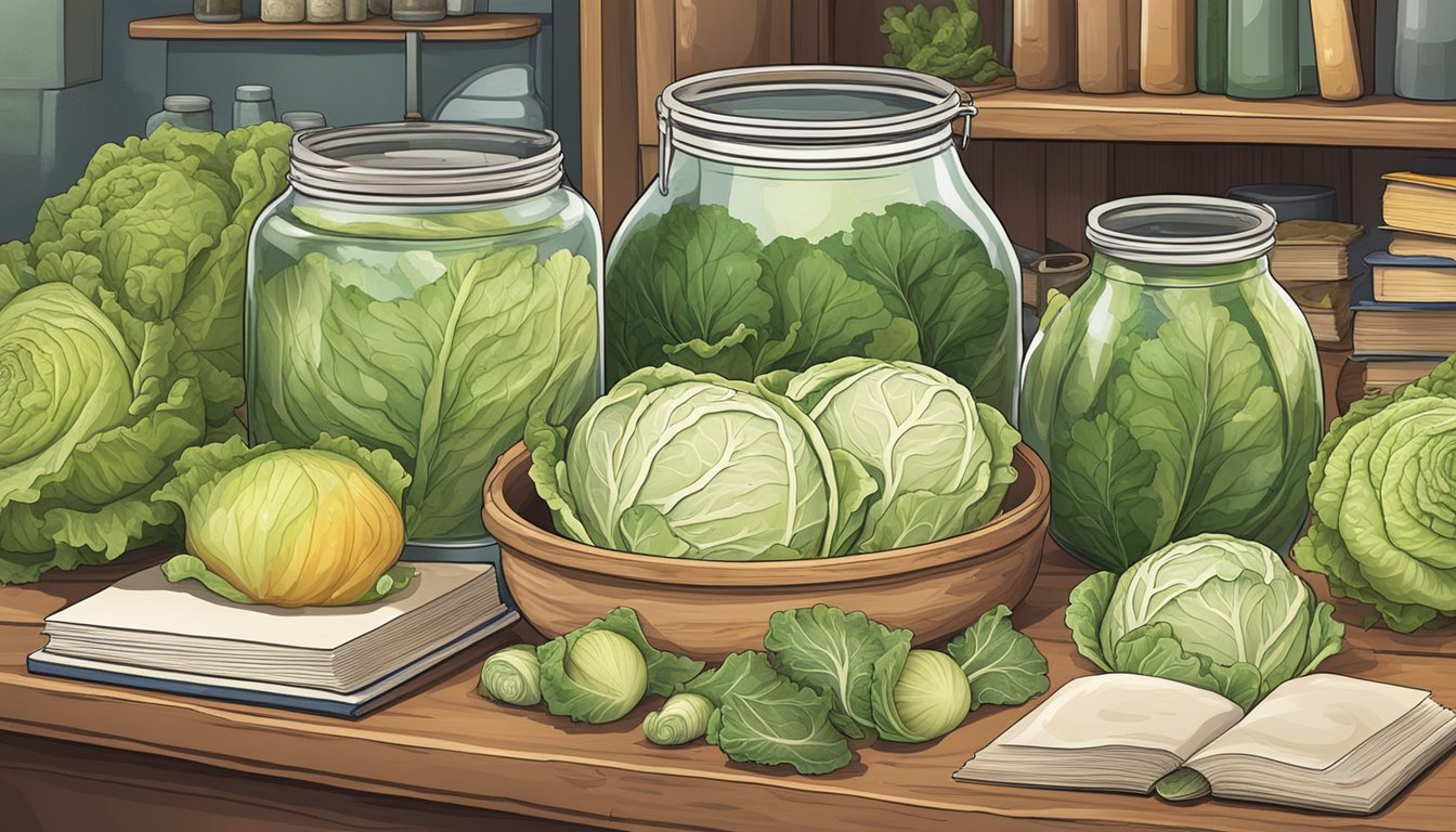 A table with various types of cabbage, salt, and fermentation jars, surrounded by books on lacto-fermentation and troubleshooting guides