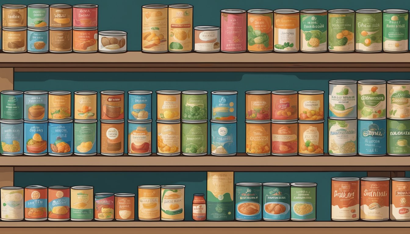 A diverse array of canned foods from around the world, displayed on shelves with labels in various languages. A map of the world hangs on the wall, with pins marking different preservation techniques