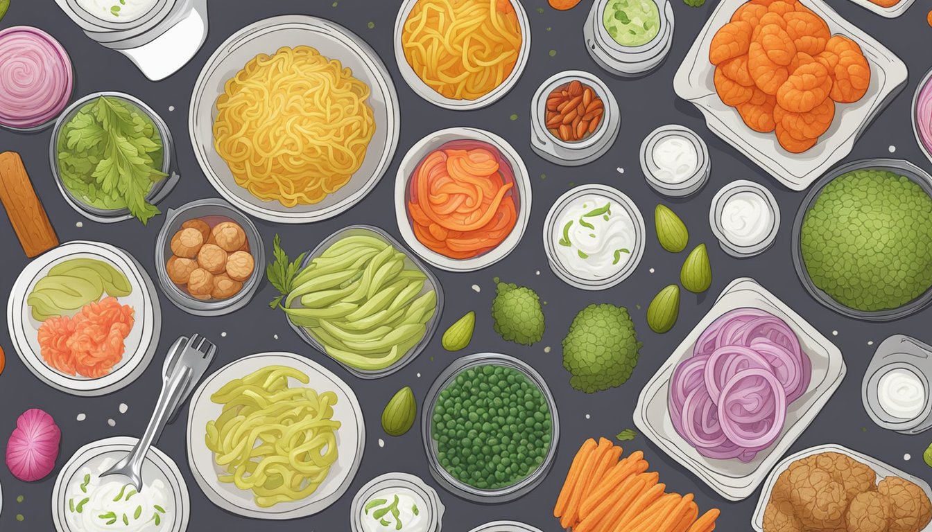 A colorful array of fermented foods including yogurt, kimchi, and sauerkraut, surrounded by vibrant probiotic bacteria