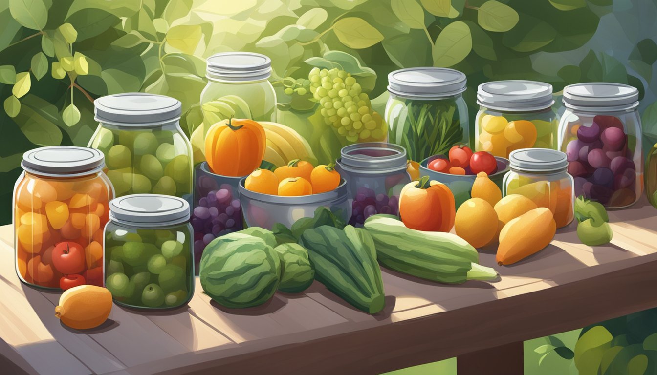 A tranquil garden scene with a variety of fruits and vegetables arranged neatly on a table. Jars, pots, and canning equipment are laid out, ready for use. The sunlight filters through the leaves, casting a peaceful glow over the scene