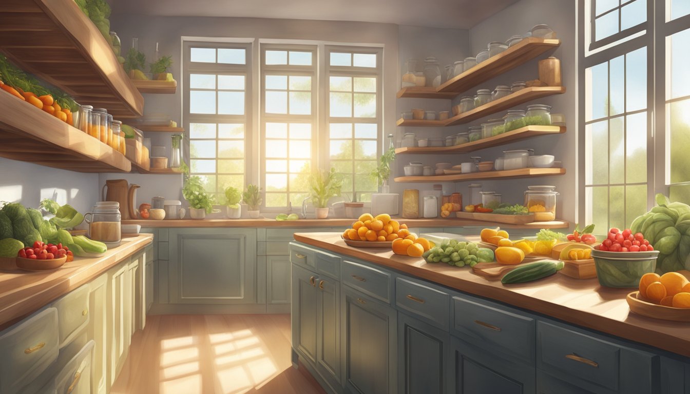 A serene kitchen with shelves of preserved fruits and vegetables, sunlight streaming in through the window, and a peaceful atmosphere of focus and tranquility