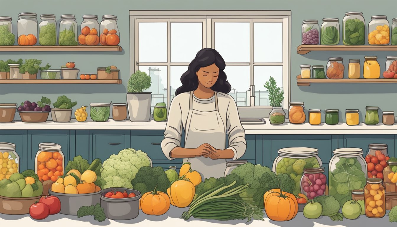 A serene scene of a person peacefully canning fruits and vegetables, surrounded by jars, pots, and fresh produce, creating a sense of tranquility and mindfulness