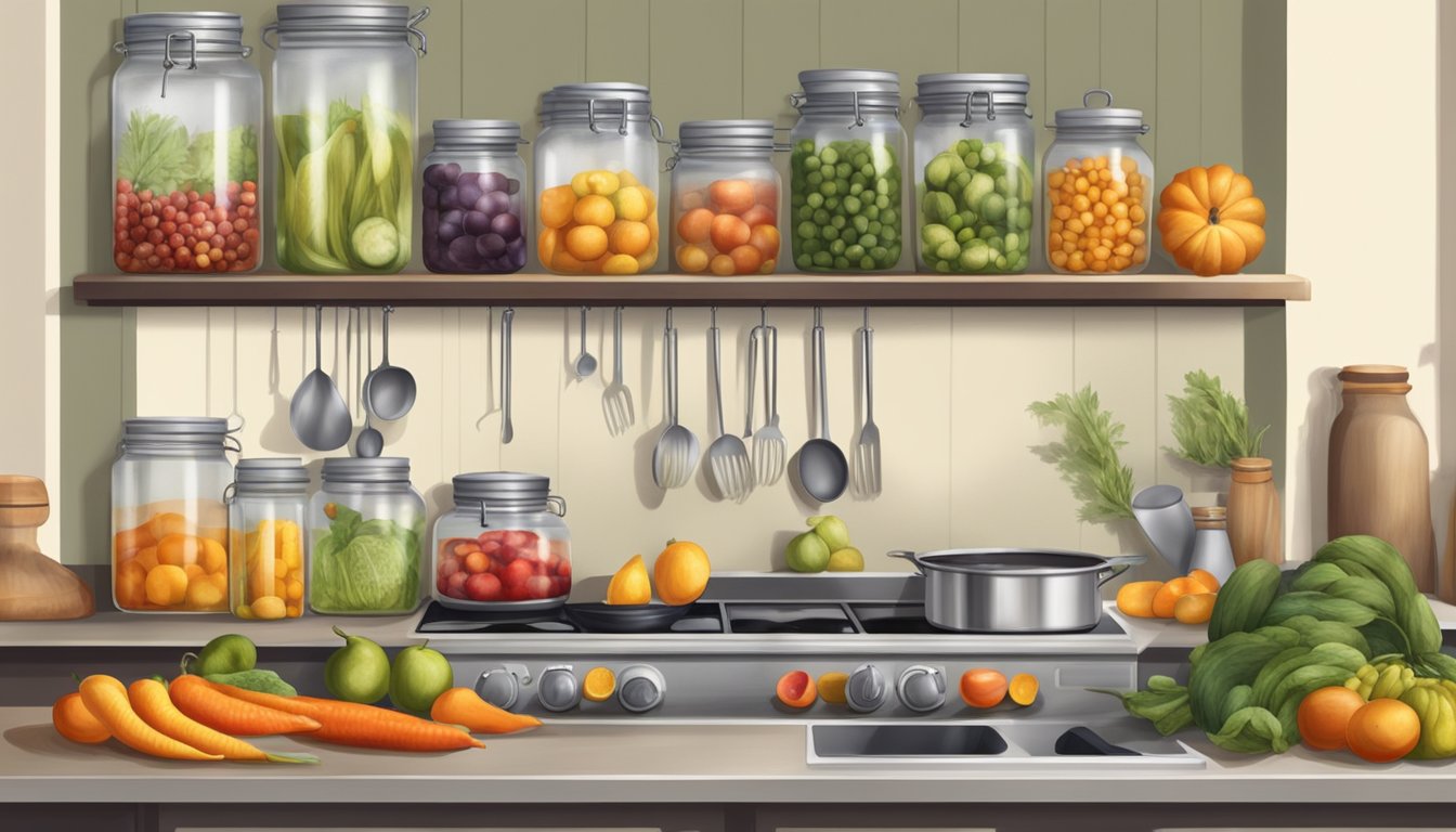 A serene kitchen scene with shelves of preserved fruits and vegetables, a bubbling pot on the stove, and a table set for canning