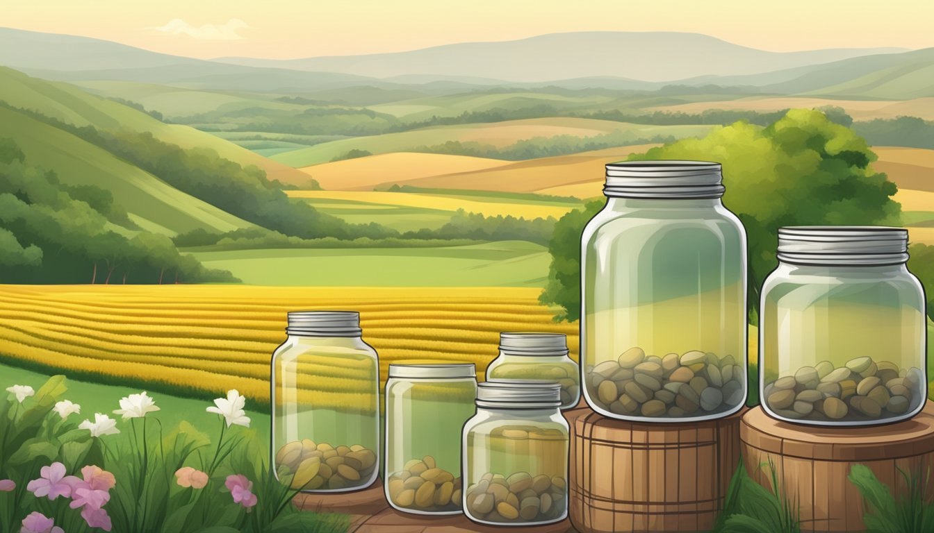 A serene countryside landscape with rows of neatly preserved jars and a peaceful atmosphere