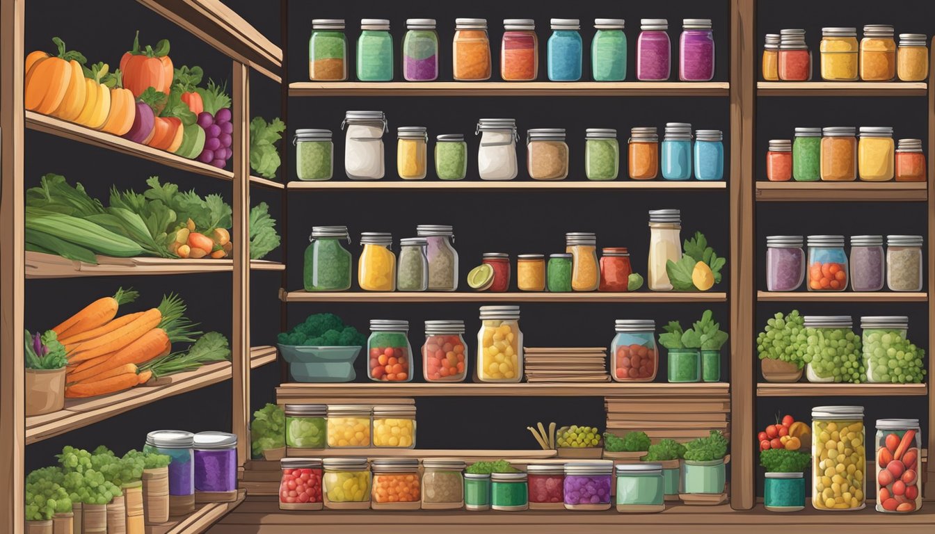 A serene garden with shelves of colorful canned goods and rows of fresh produce, surrounded by books and tools for canning