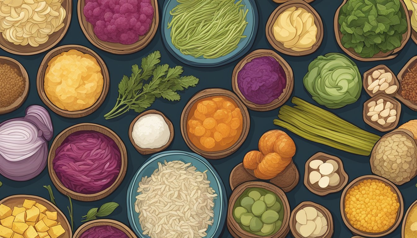 A variety of fermented foods arranged in a spectrum of colors and textures, from tangy sauerkraut to rich miso, showcasing the diverse taste profiles