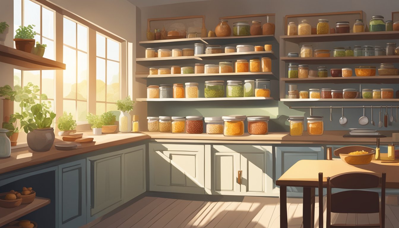 A serene kitchen with shelves of preserved foods, jars, and fermenting crocks. Sunlight streams through the window, casting a warm glow on the scene