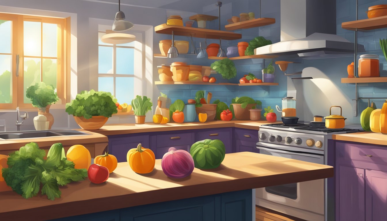 A serene kitchen scene with shelves of colorful preserved fruits and vegetables, a bubbling pot on the stove, and sunlight streaming through the window