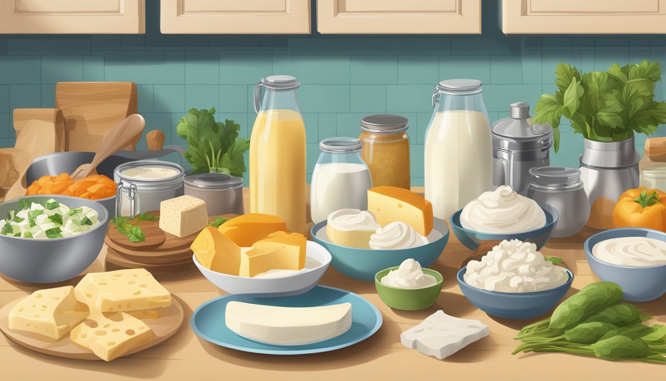 A colorful array of specialty items and fermented dairy products arranged on a kitchen counter, surrounded by various cooking utensils and fresh ingredients