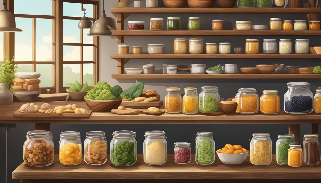 A rustic kitchen with shelves filled with jars of fermented foods, surrounded by baking ingredients and desserts being prepared on a wooden table