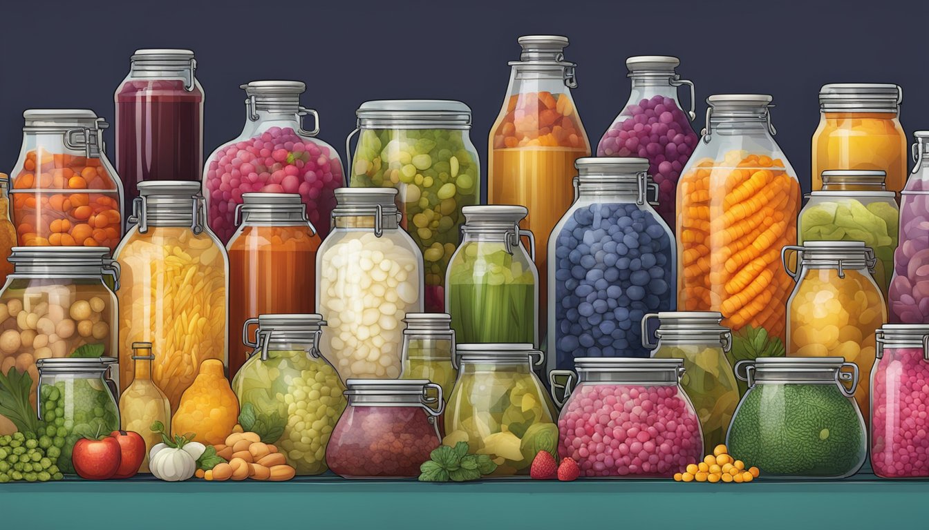 A variety of fermentation vessels and ingredients arranged in a colorful and vibrant display, showcasing the diverse taste profiles of fermented foods