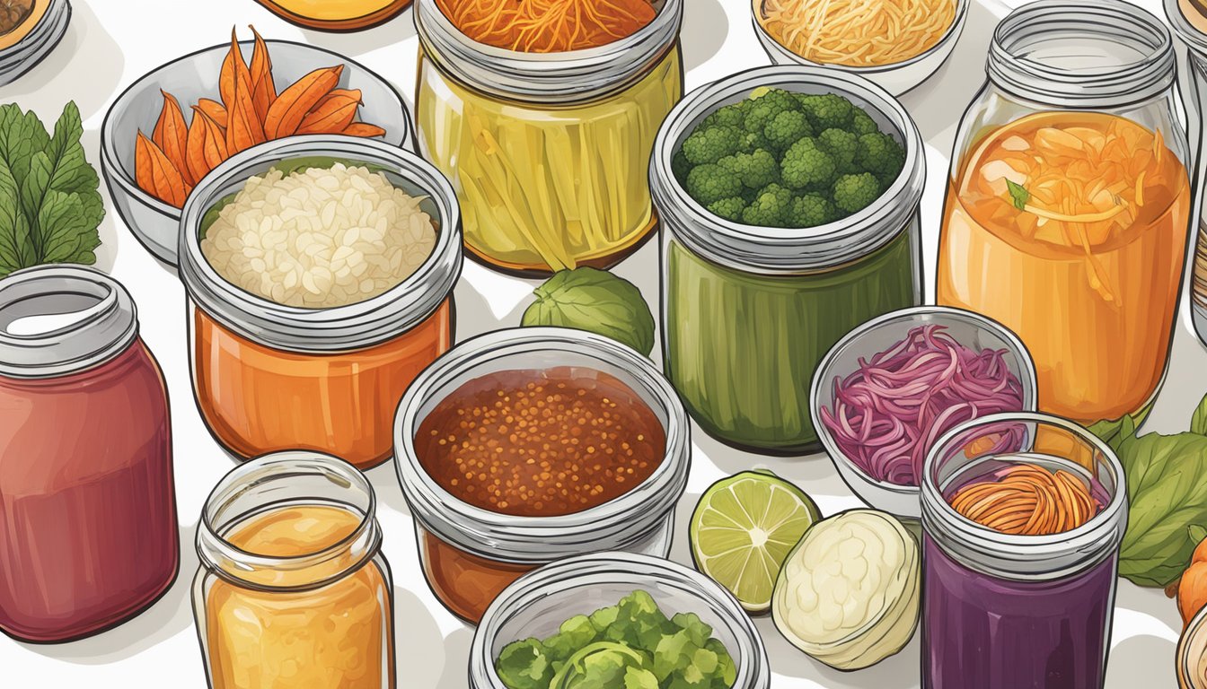 A colorful array of fermented foods, including kimchi, sauerkraut, miso, and kombucha, arranged in a spectrum of flavors from tangy and spicy to earthy and sweet