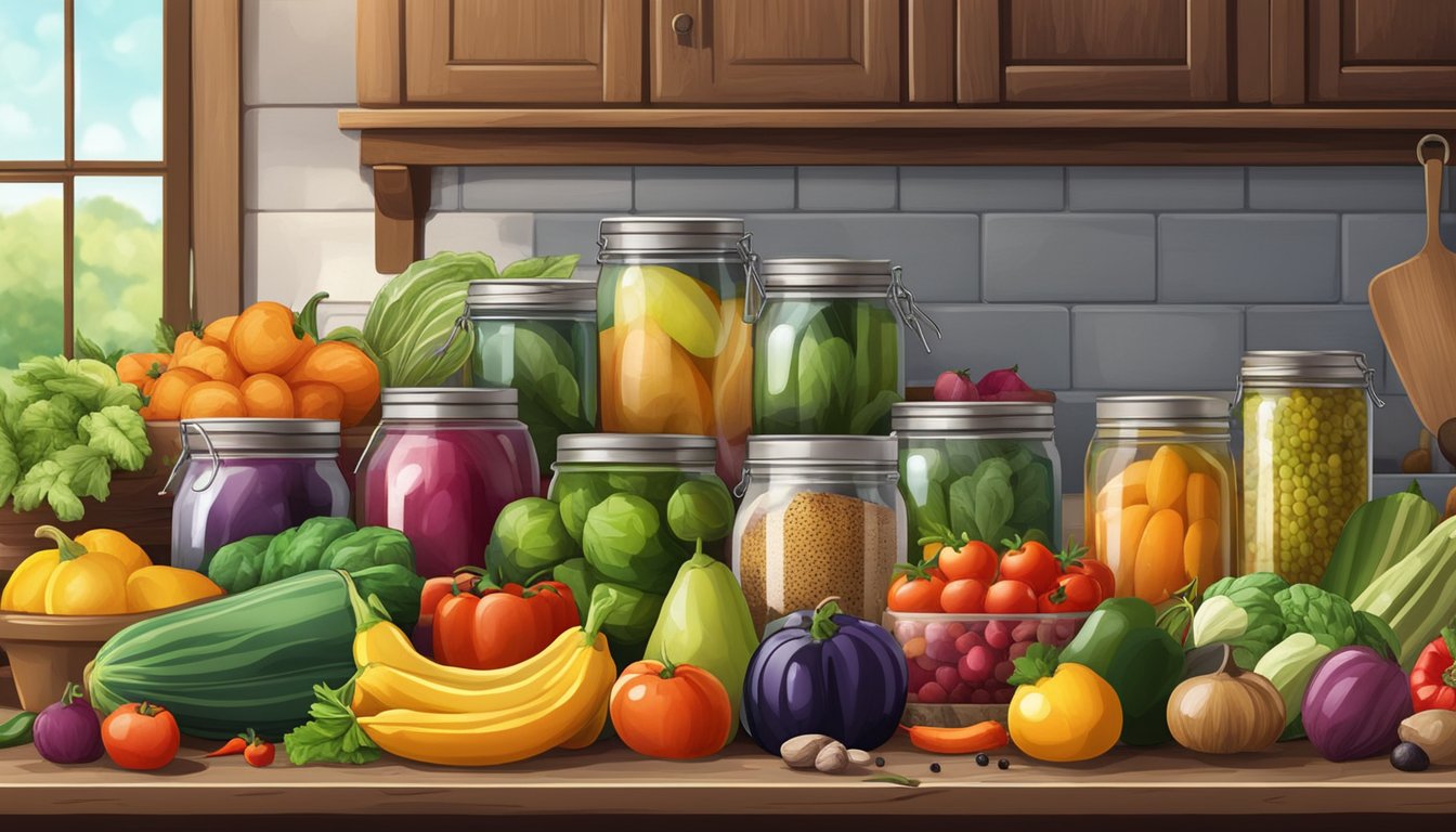 A colorful array of fresh fruits and vegetables, alongside jars of fermenting foods, spices, and cooking utensils, set against a rustic kitchen backdrop