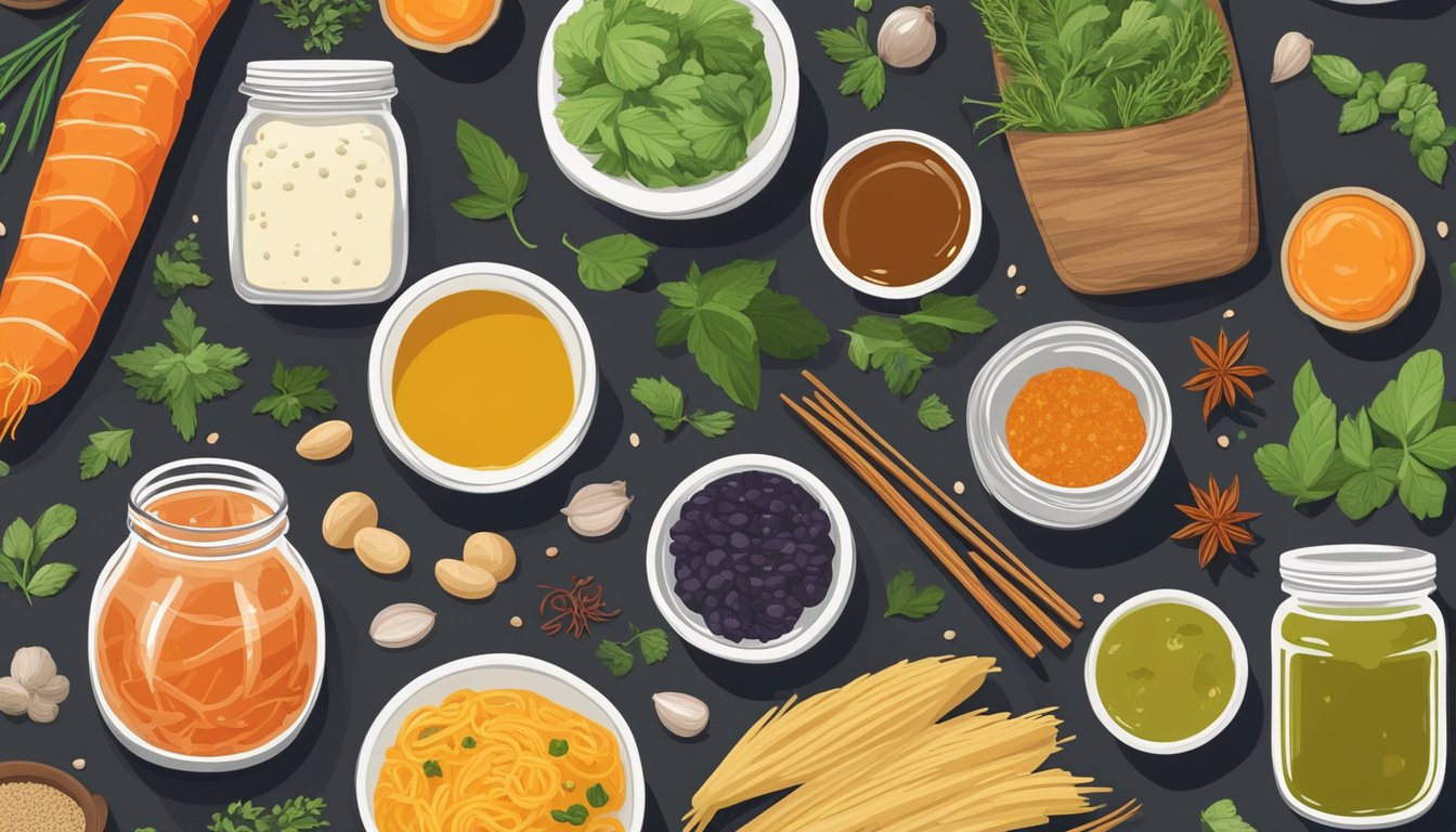 A colorful array of fermented foods, from tangy kimchi to rich miso, displayed on a rustic wooden table with fresh herbs and spices scattered around