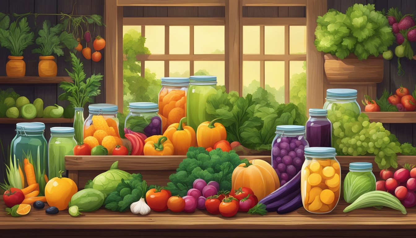 A colorful array of fresh fruits and vegetables arranged on a rustic wooden table, surrounded by jars of fermenting produce and vibrant greenery