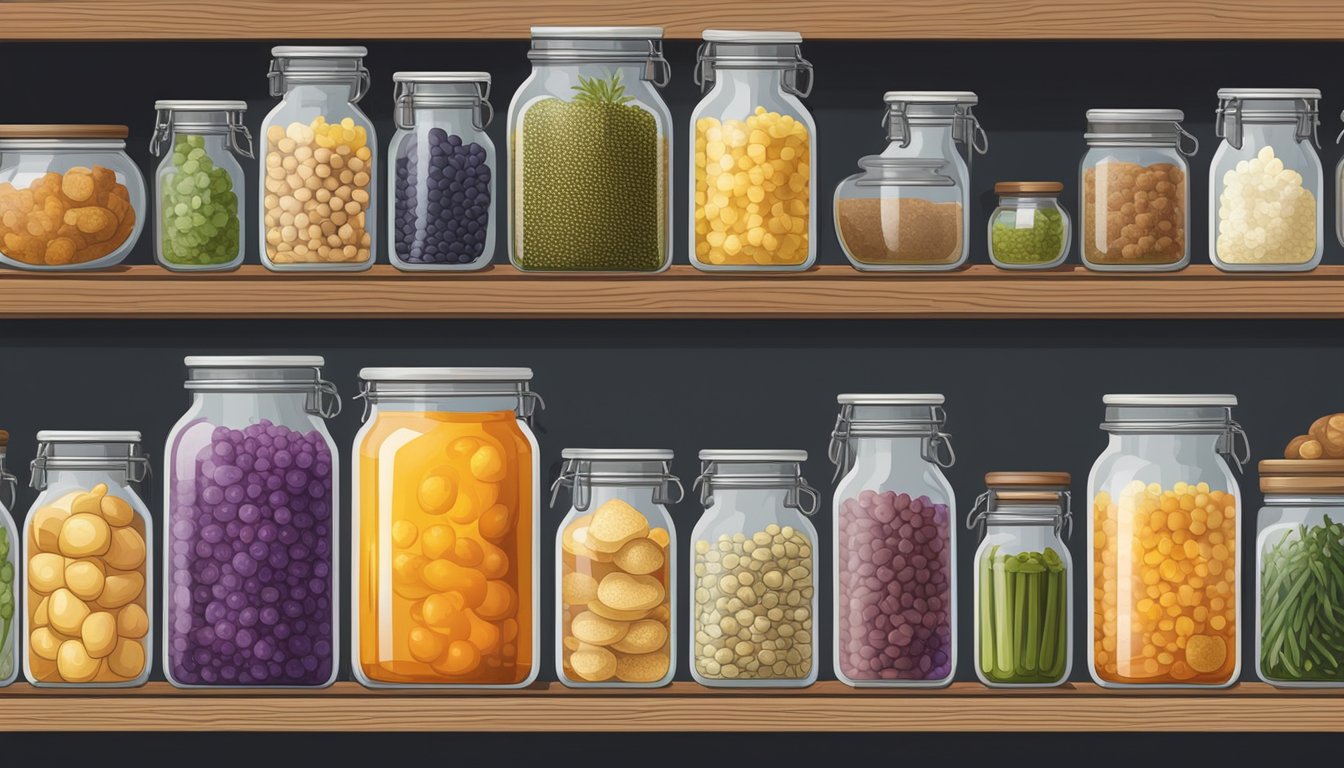 A large glass jar filled with bubbling liquid sits on a wooden shelf, surrounded by various jars of fermenting foods and a collection of fermentation tools