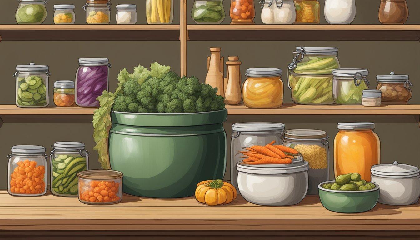 A large ceramic crock sits on a wooden table, filled with fermenting vegetables and covered with a cloth secured by a string. Nearby, jars of pickles and kimchi line the shelves