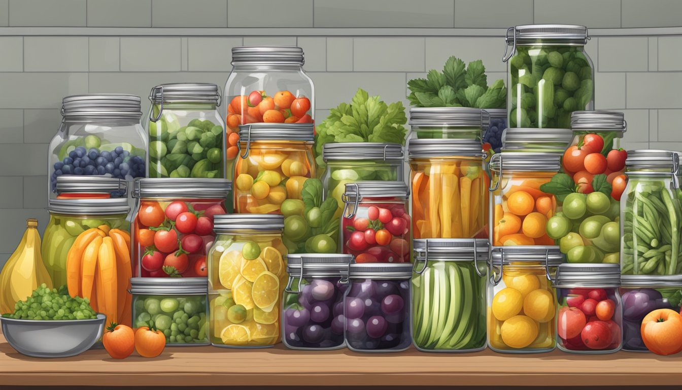 A kitchen counter with various sizes of canning jars, filled with colorful fruits and vegetables, surrounded by stacks of canning lids and tools