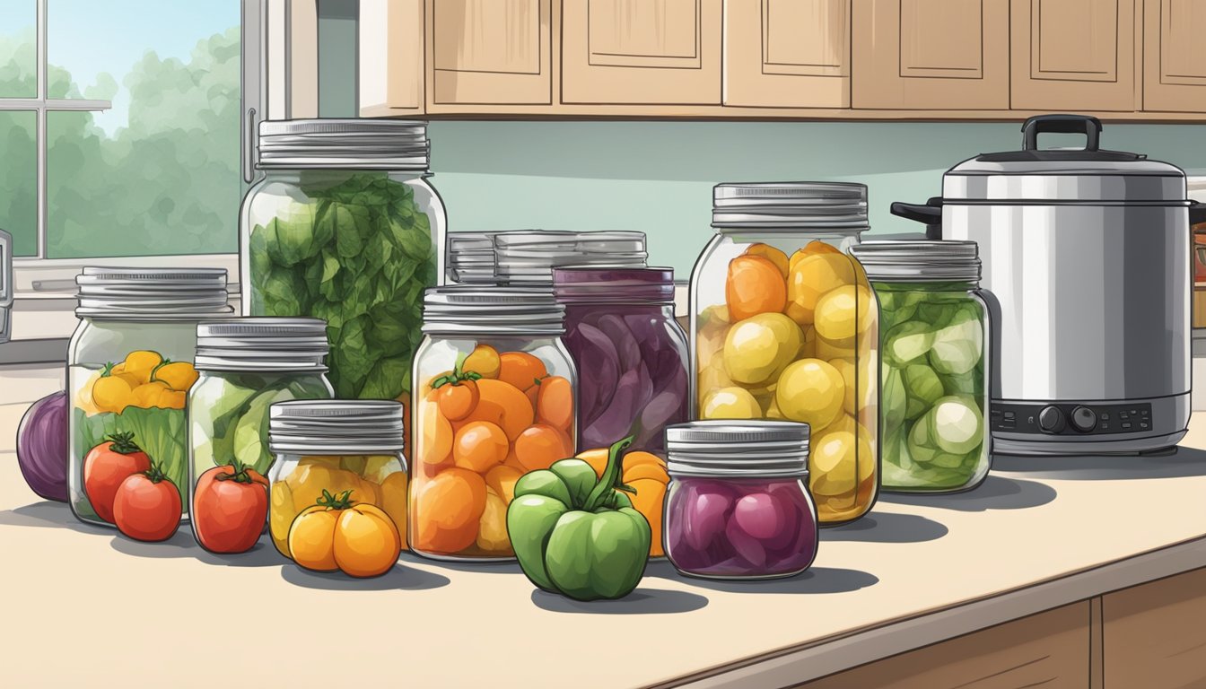 Fresh produce arranged next to canning jars and lids on a clean kitchen counter. A pot of boiling water steams in the background