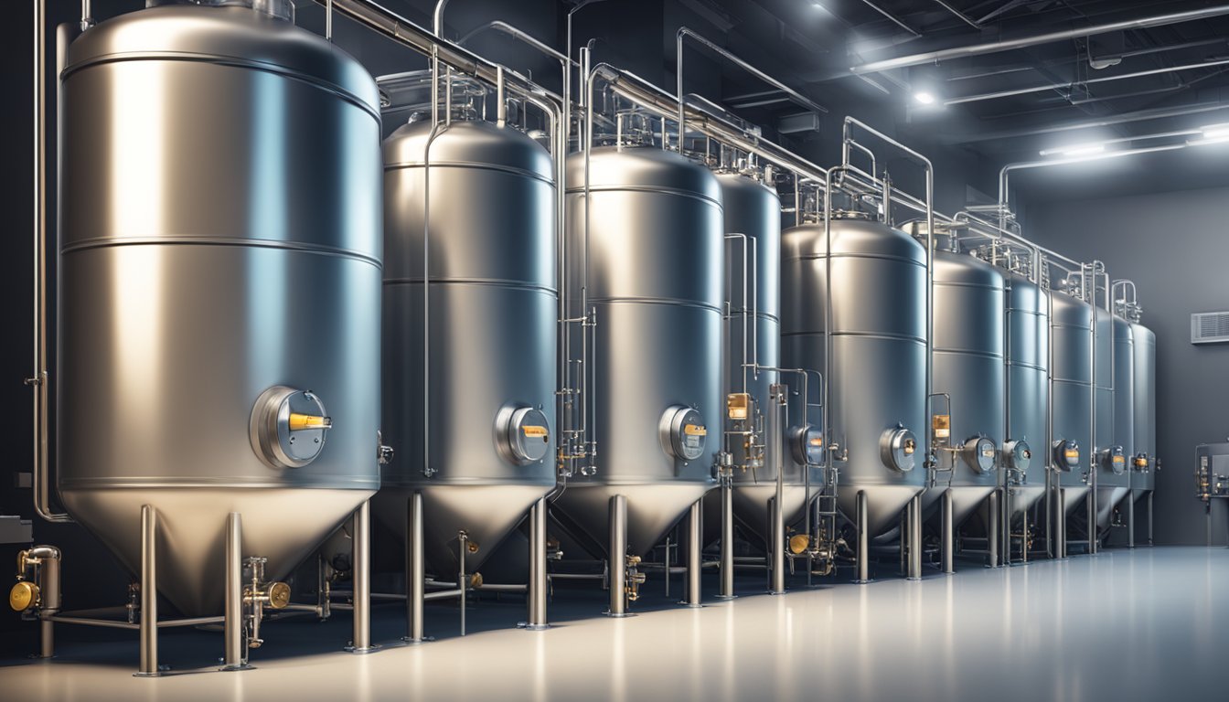 A row of large fermentation tanks in a dimly lit room, with bubbling airlocks and tubes connecting to each tank. Temperature and humidity control panels line the walls