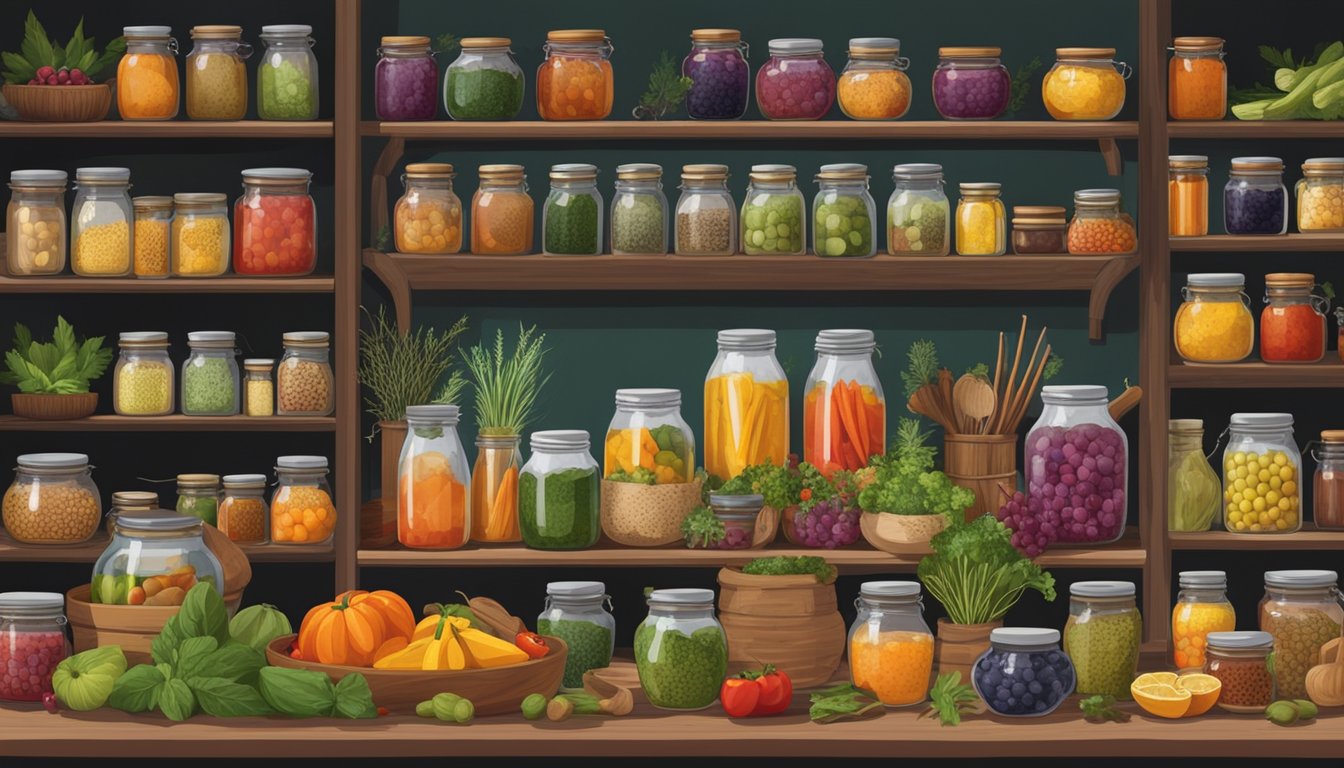 A rustic kitchen filled with jars of colorful fermented fruits, vegetables, and herbs, surrounded by baskets of fresh produce and shelves of spices and seasonings