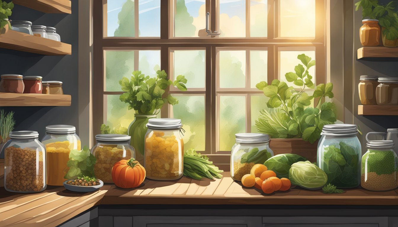 A rustic kitchen with jars of fermenting foods, surrounded by fresh produce and herbs. Sunlight streams in through a window, casting warm, inviting shadows