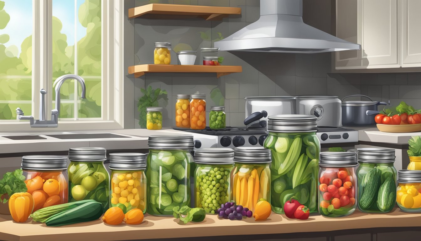 A kitchen counter with various sizes of canning jars filled with colorful fruits and vegetables, surrounded by stacks of canning lids and a pot of boiling water on the stove