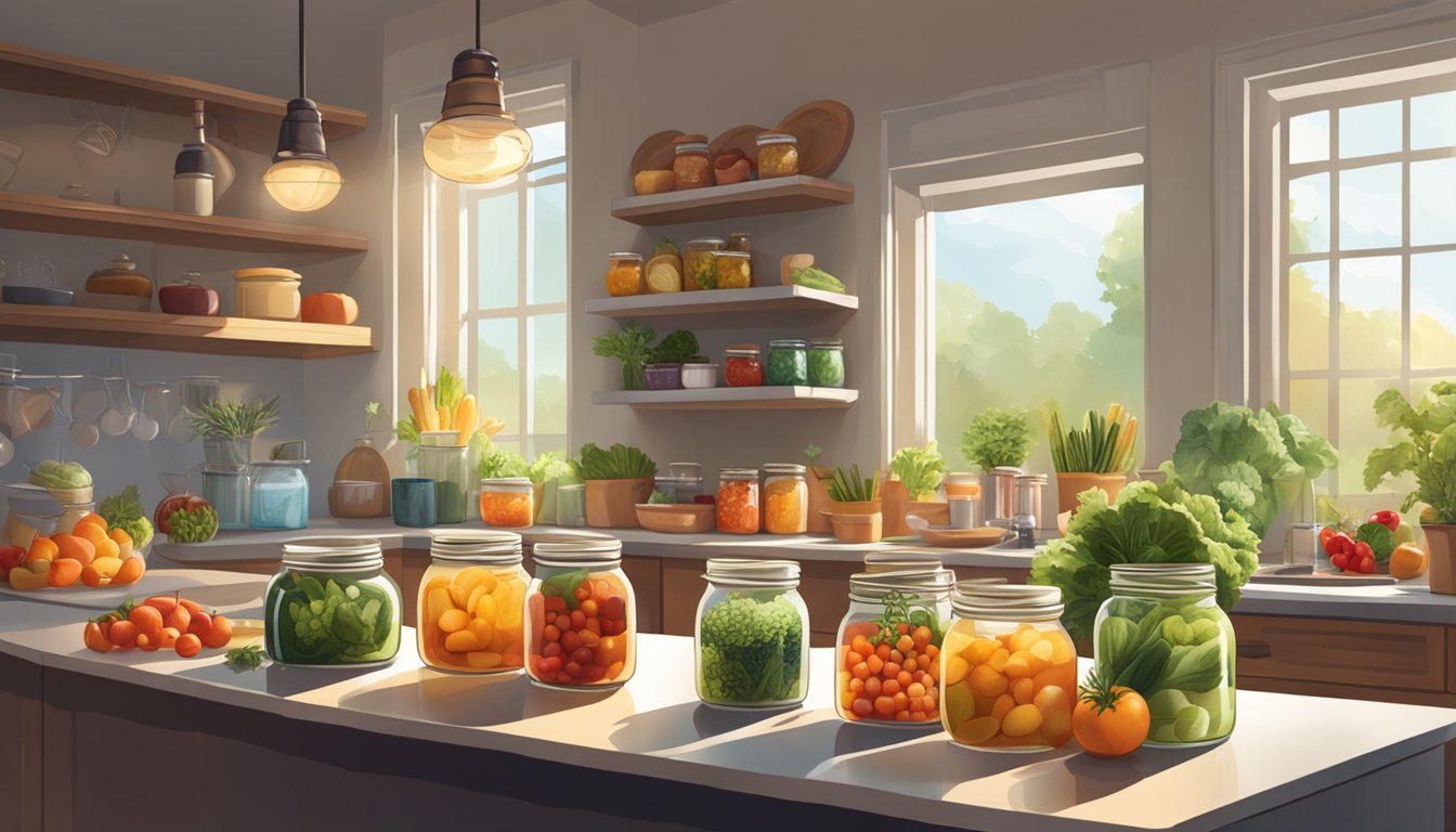 A kitchen counter lined with colorful jars of fermented fruits and vegetables, surrounded by fresh produce and herbs. A warm, inviting glow from the sunlight streaming through the window