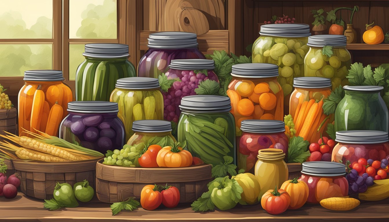 A rustic kitchen table adorned with jars of colorful pickled vegetables and fruits, surrounded by baskets of freshly harvested produce and a variety of fermenting vessels