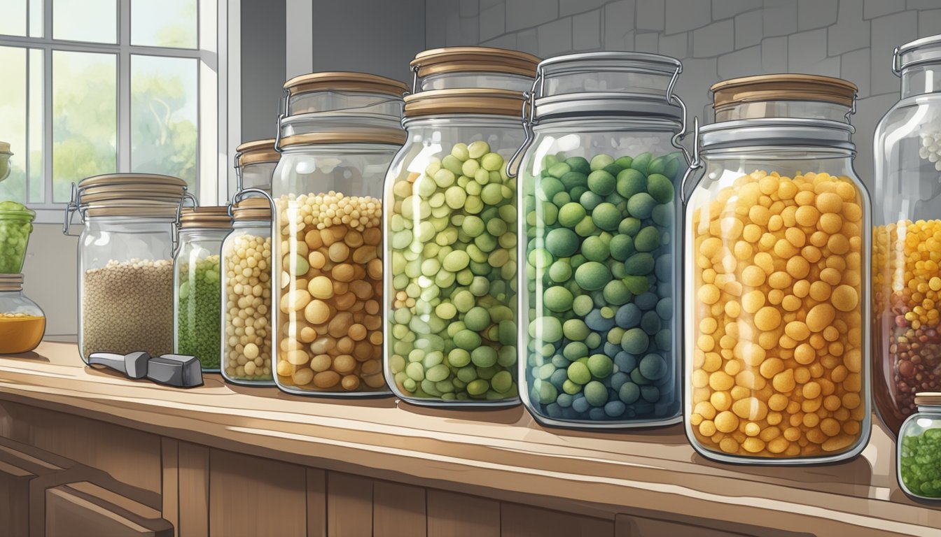 A row of glass jars filled with fermenting ingredients, bubbles rising to the surface, surrounded by various tools and equipment for long-term fermentation