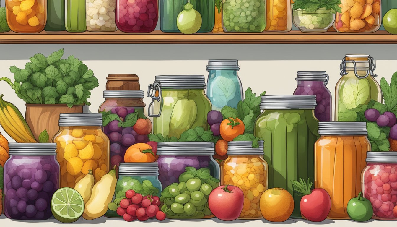 A variety of fermenting jars and bottles filled with colorful fruits, vegetables, and herbs, surrounded by books on vegan and keto diets