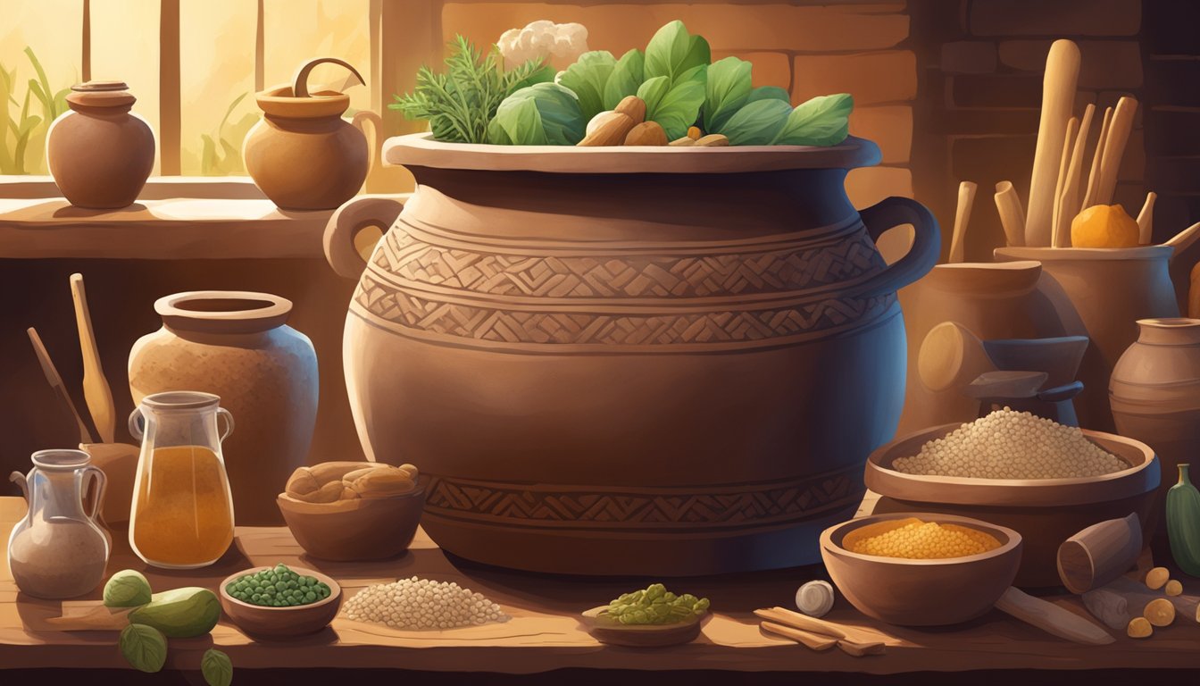 A clay pot filled with fermenting food surrounded by ancient tools and ingredients. A warm, rustic setting with soft lighting and a sense of history