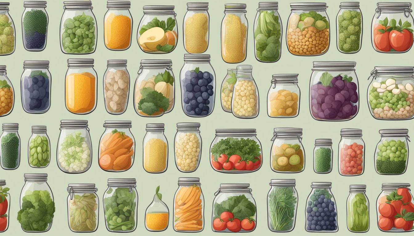 A variety of fermentation jars and containers, each labeled with different dietary preferences such as "vegan" and "keto," surrounded by fresh fruits, vegetables, and herbs