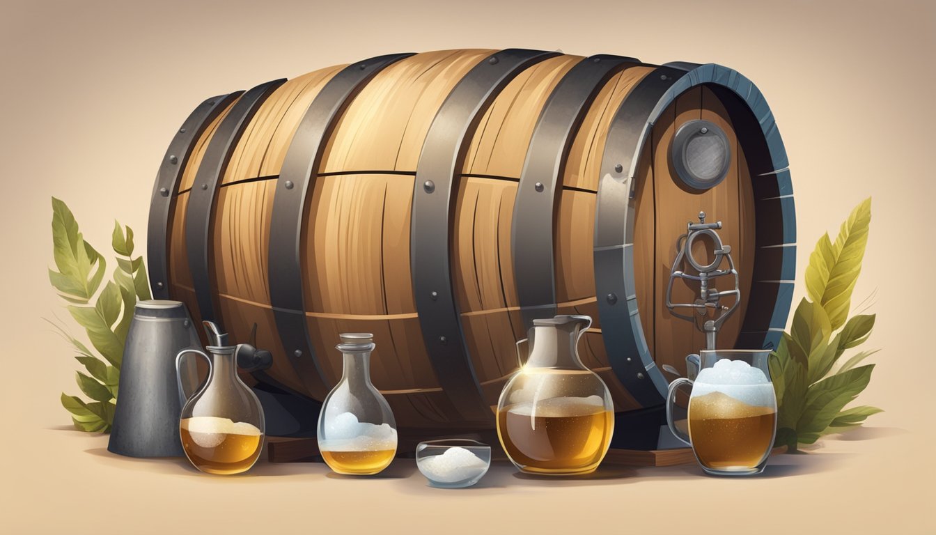 A rustic wooden barrel with bubbling liquid inside, surrounded by modern fermentation equipment and ancient artifacts