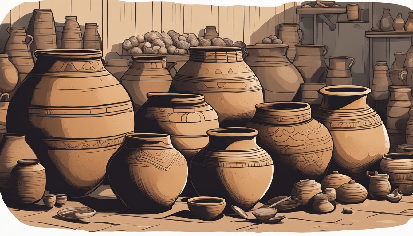 A group of ancient clay pots sit in a dimly lit room, surrounded by various ingredients and tools for fermentation. The scene exudes a sense of history and tradition, with a focus on preservation and sustainability