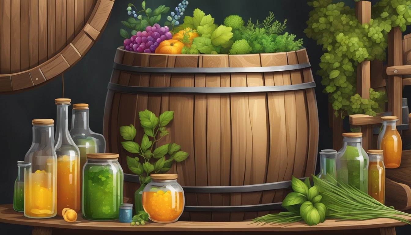 A rustic wooden barrel surrounded by various fermenting vessels and jars of colorful, bubbling liquids, with greenery and herbs scattered around