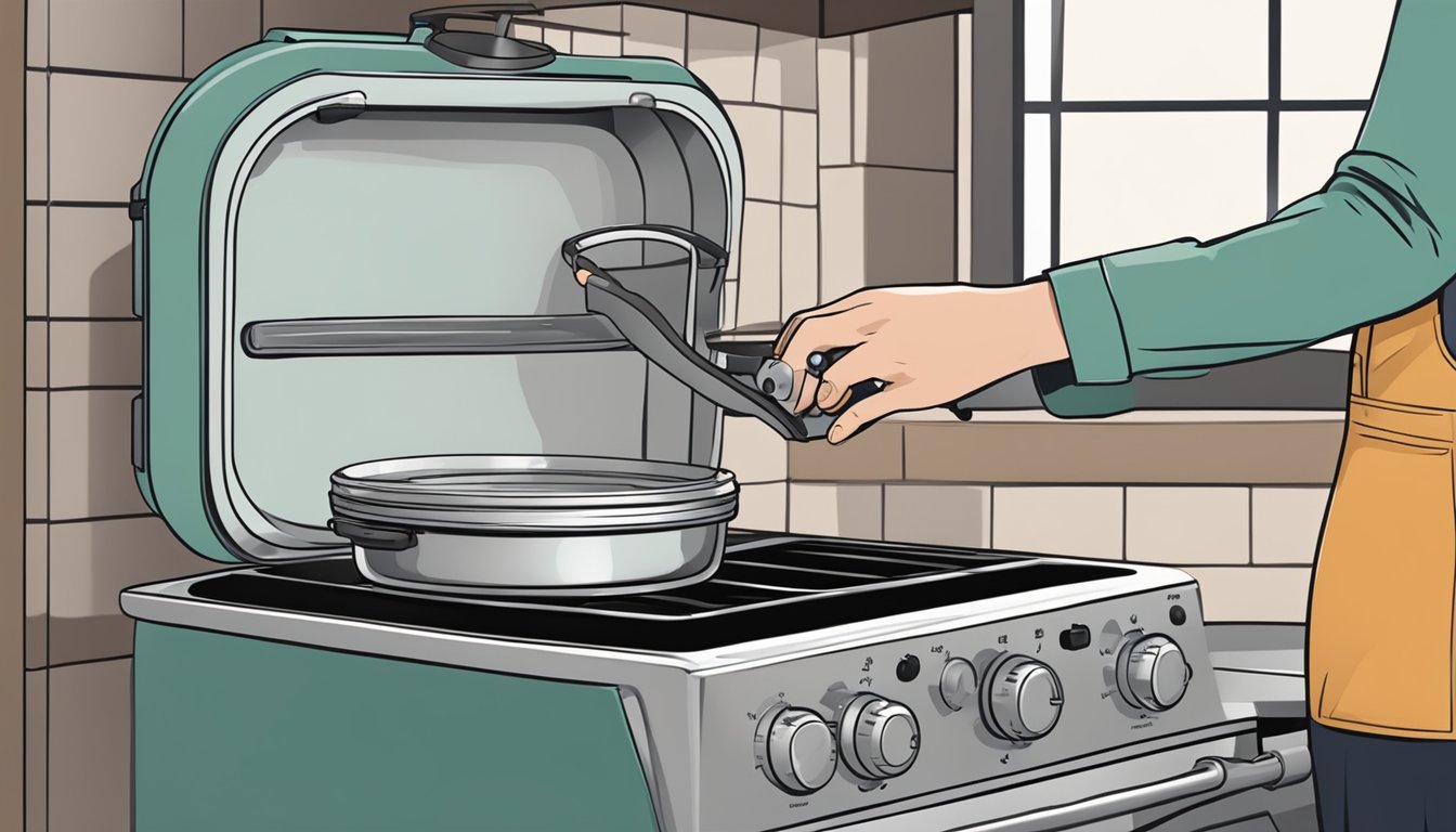 A person checking the pressure gauge on a steam canner while adjusting the heat on a stovetop