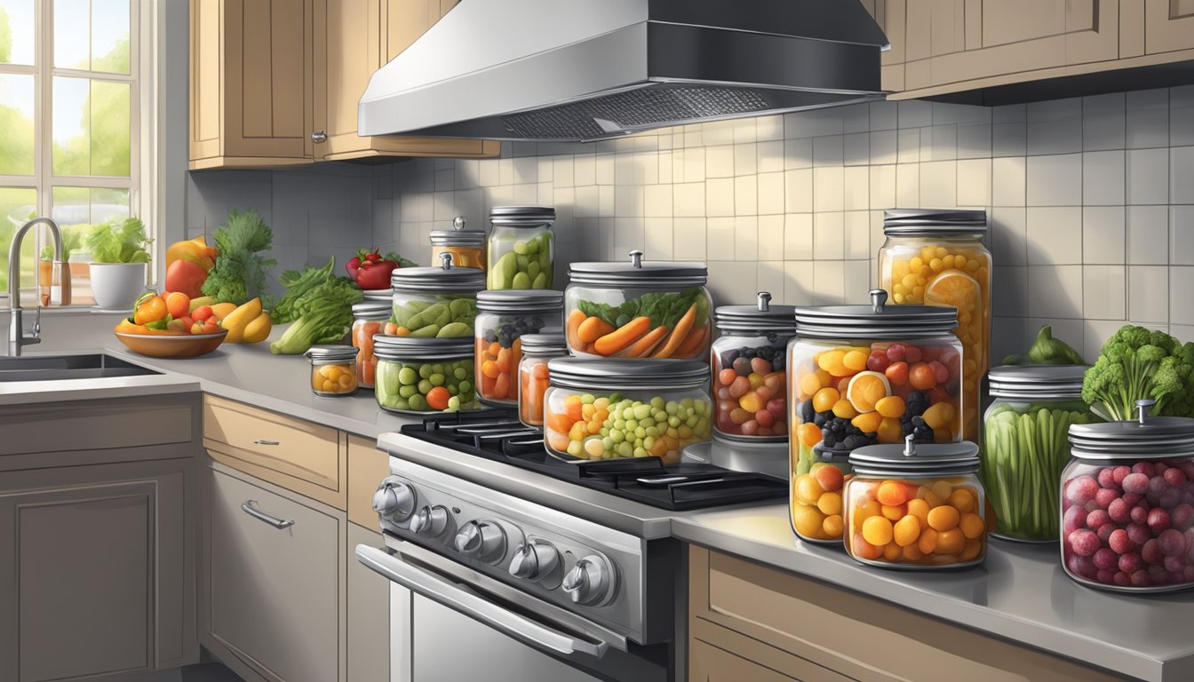 A modern kitchen with a steam canner on the stove, filled with jars of preserved fruits and vegetables