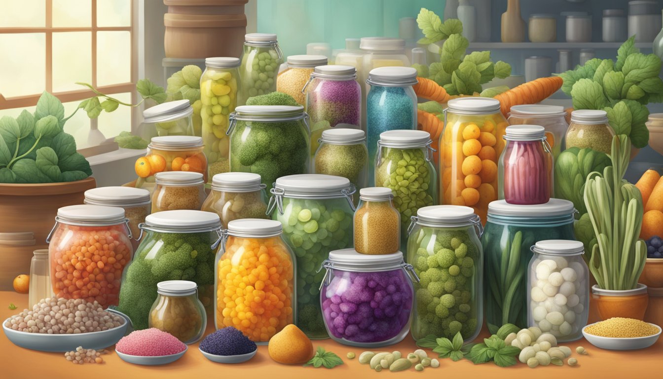 A group of diverse microorganisms come together in a vibrant and bustling fermentation community, surrounded by an array of natural ingredients and containers