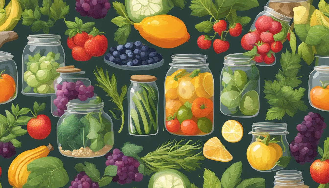 A colorful array of fruits, vegetables, and herbs sit in glass jars, bubbling with microbial activity, surrounded by natural elements like wood, stone, and sunlight