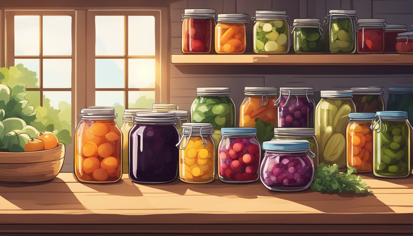 A rustic kitchen with colorful jars of pickled vegetables, fruits, and jams neatly arranged on wooden shelves. Sunlight filters through the window, highlighting the sustainable canning process